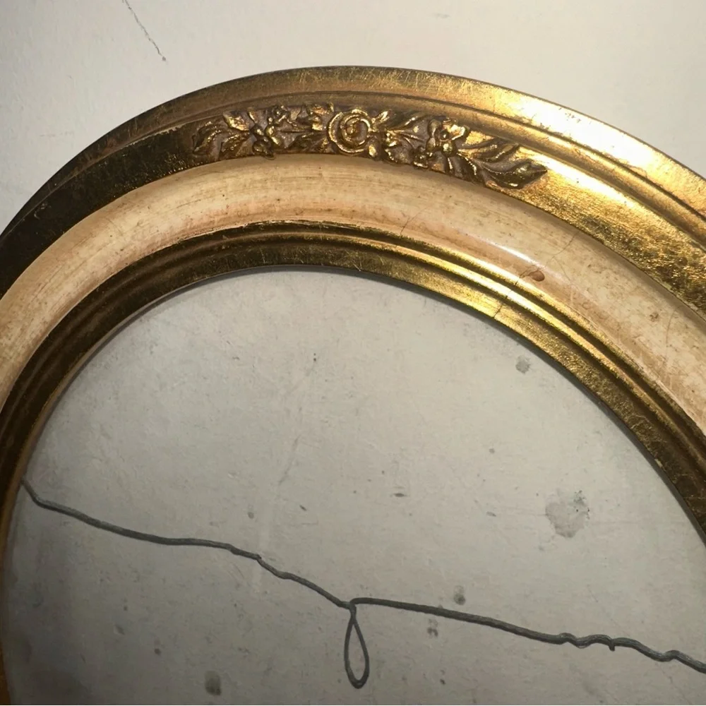 Antique Giltwood Italian Hand Carved Floral Wooden Oval Mirror Frame Home Decor